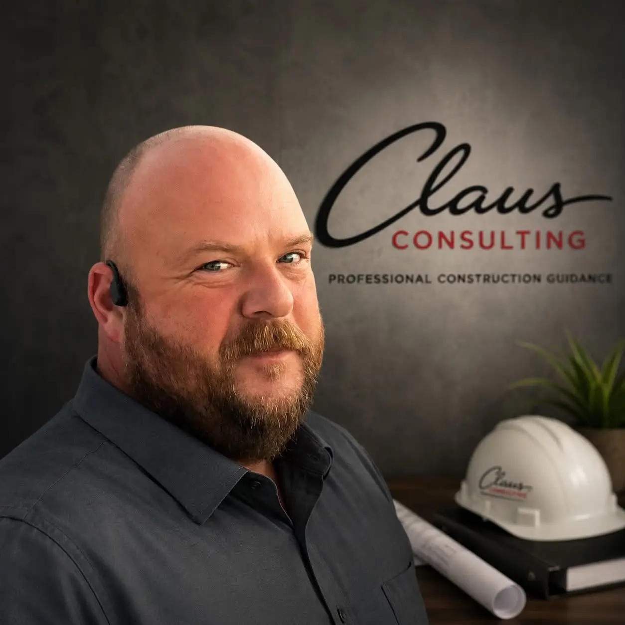 Nicholas Claus (Judd), founder of Claus Consulting, wearing an earpiece in front of a Claus Consulting backdrop with a branded hard hat and blueprints