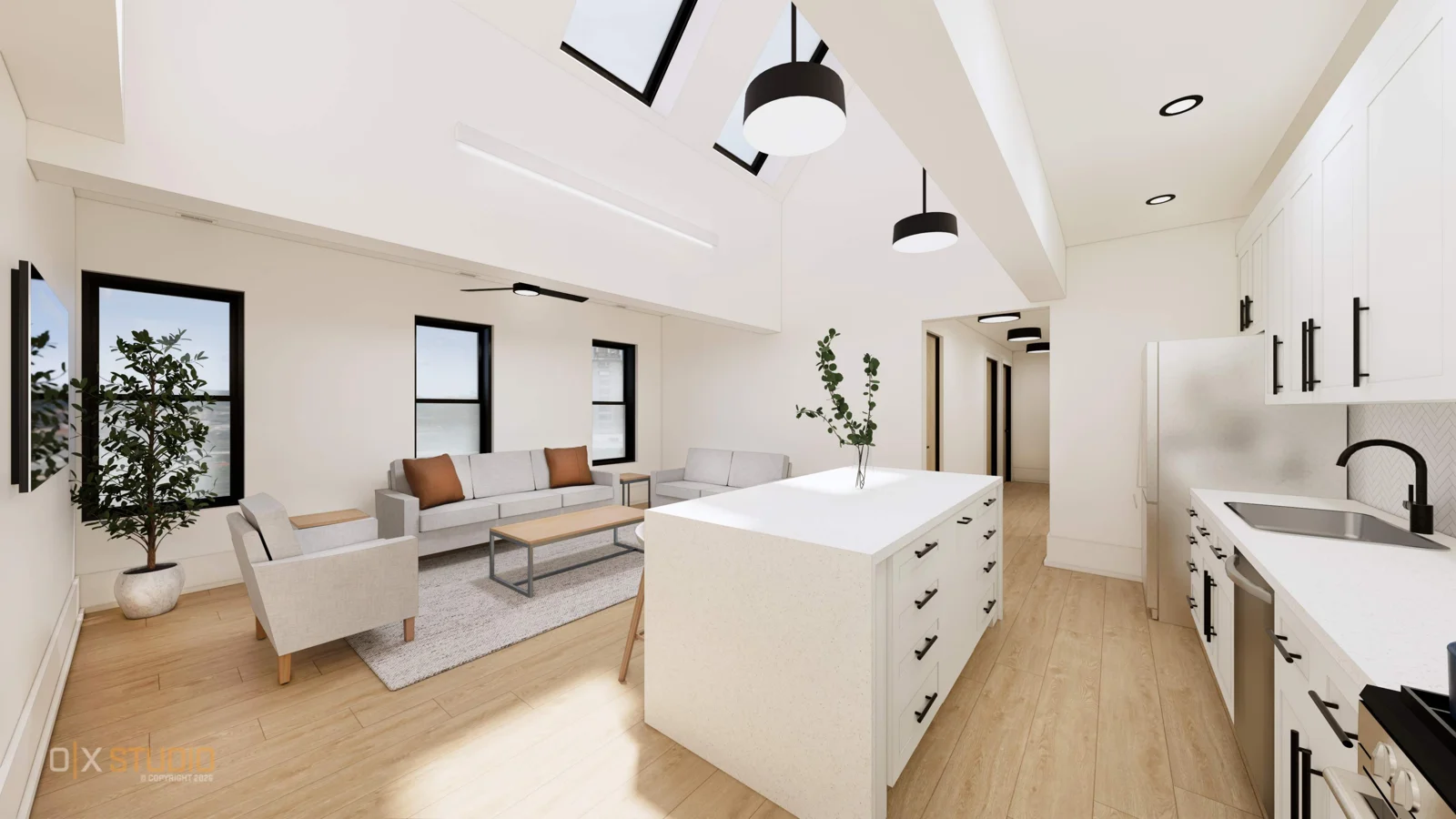 State & William Interior design rendering: Level 2 west, vaulted kitchen and living area