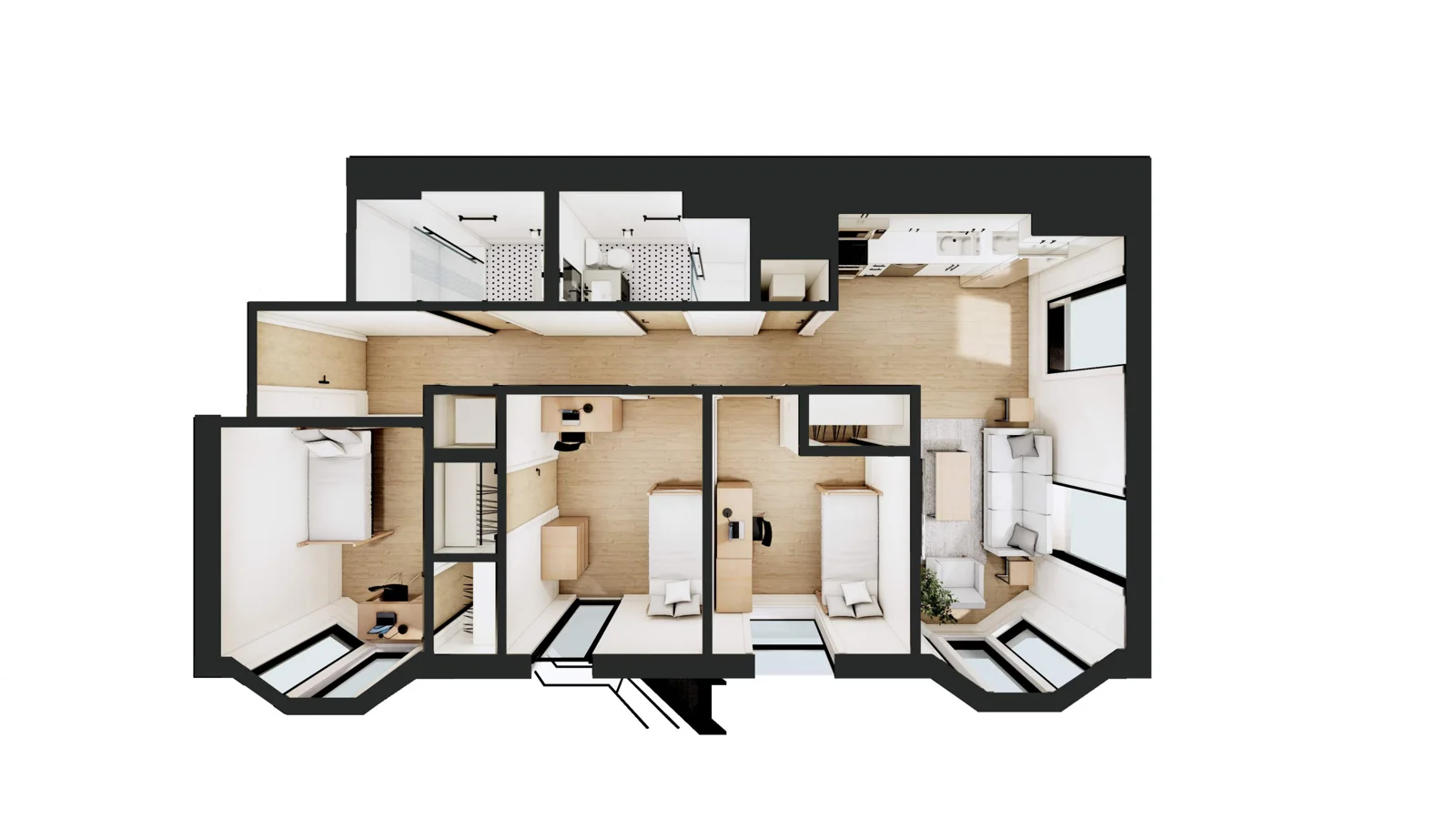 State & William 3D floor plan: Level 2 east, furnished unit layout