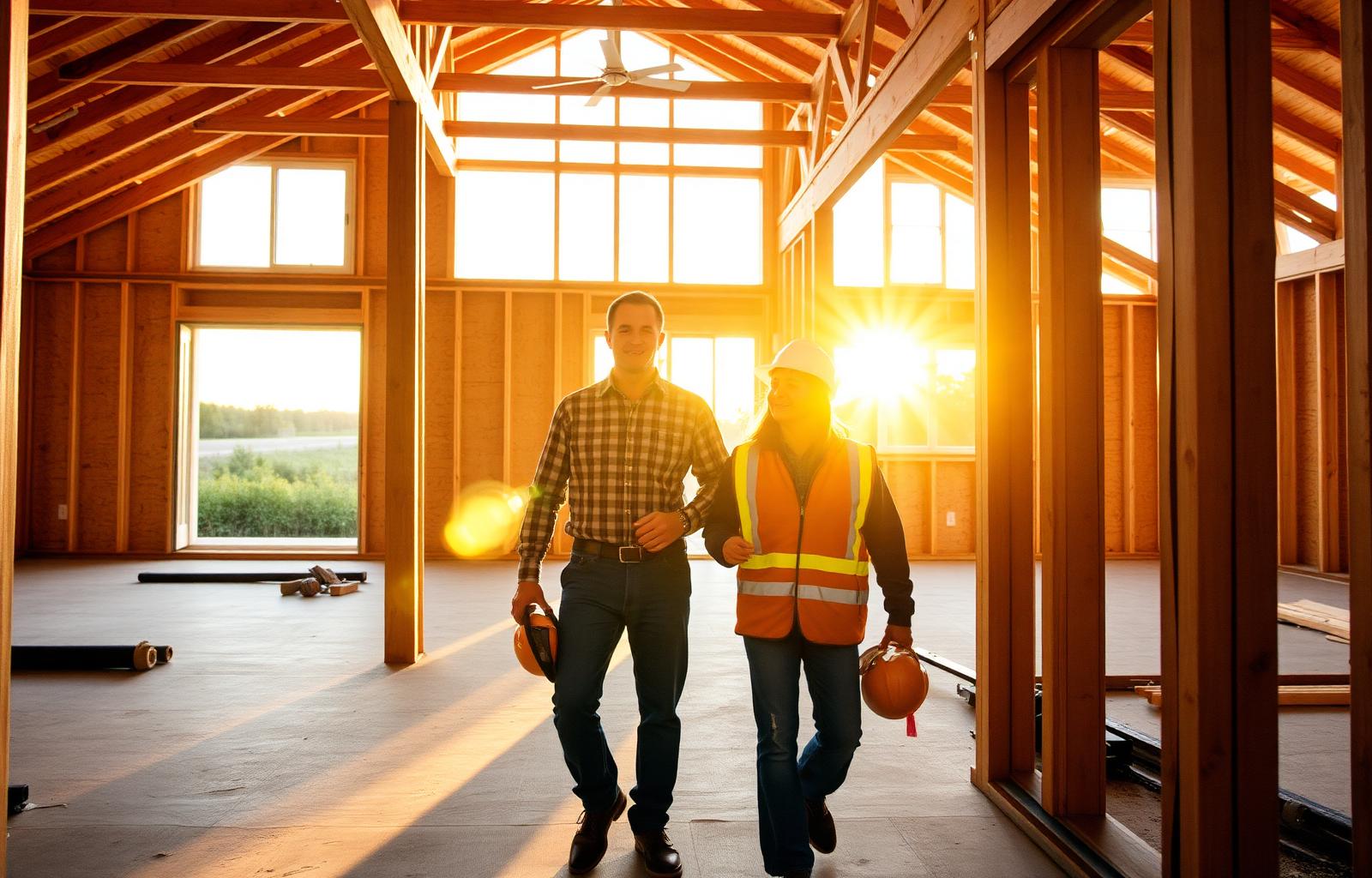 Two construction professionals walking through a wood-framed house under construction at golden hour