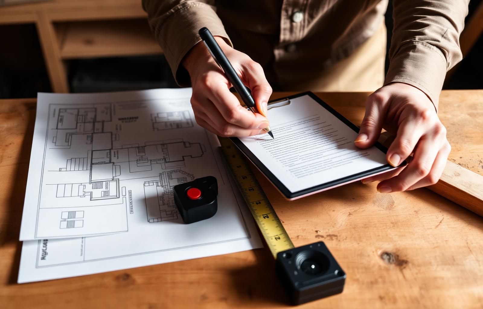 Hands taking notes on a clipboard next to architectural drawings and a tape measure