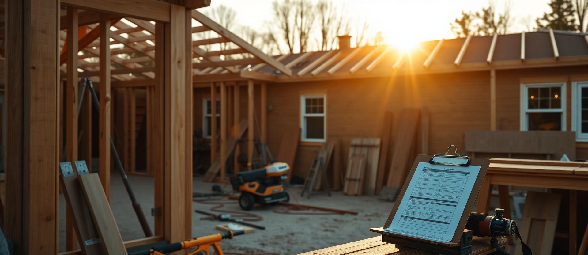 A residential construction site at golden hour with framed wood structure and a clipboard of notes on a sawhorse