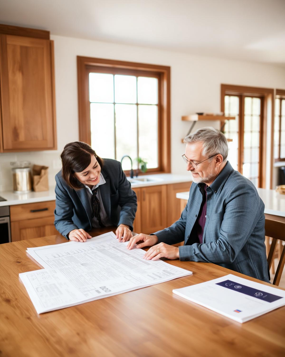 A friendly construction consultant reviewing plans with a homeowner at a sunlit kitchen table