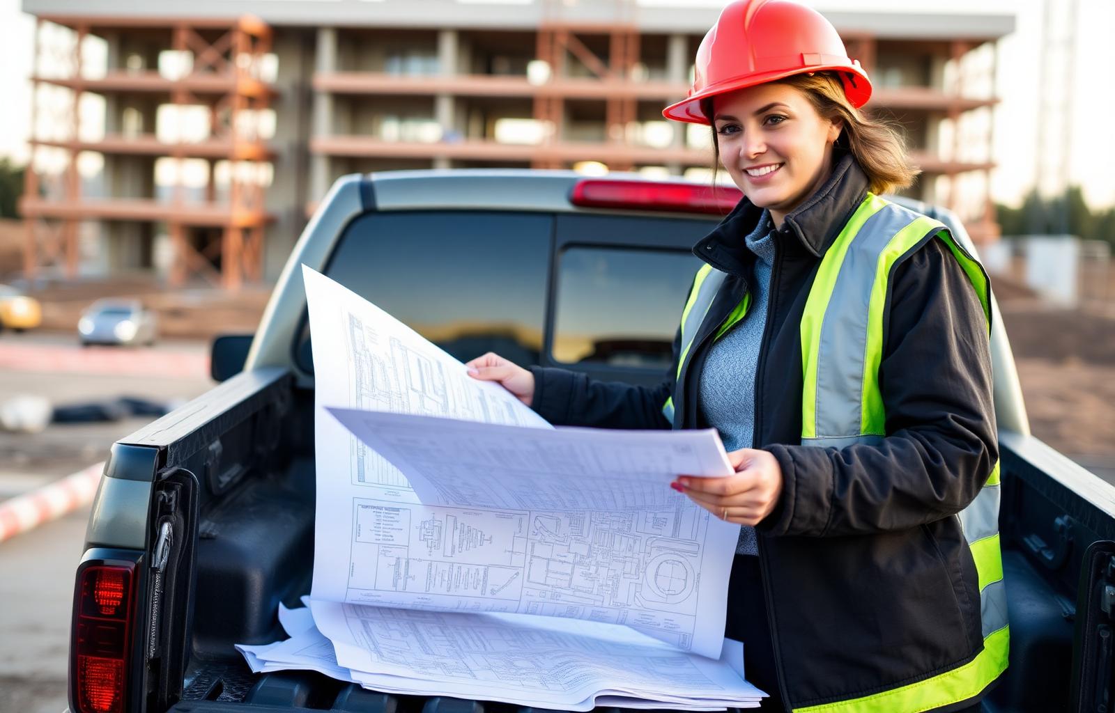 A site superintendent reviewing construction plans on the tailgate of a pickup truck at a jobsite