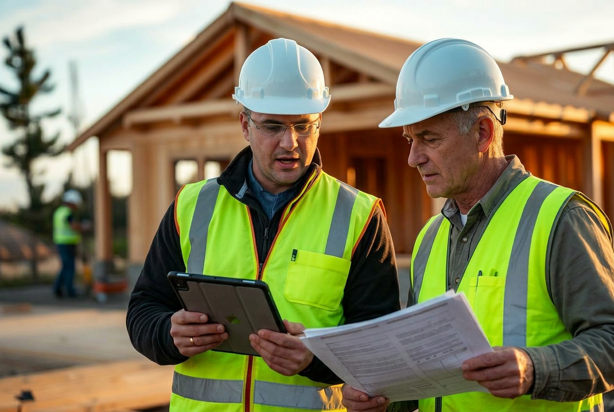 Site superintendent coordinating a framing crew on a wood-frame jobsite