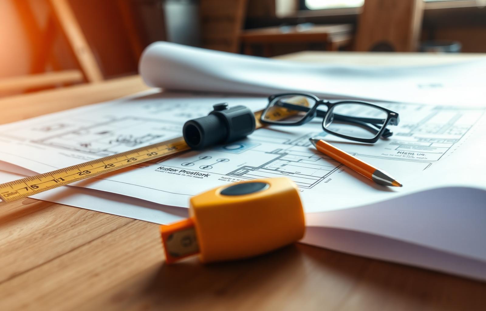 Blueprints, measuring tape, and reading glasses on a wooden table at a residential construction site