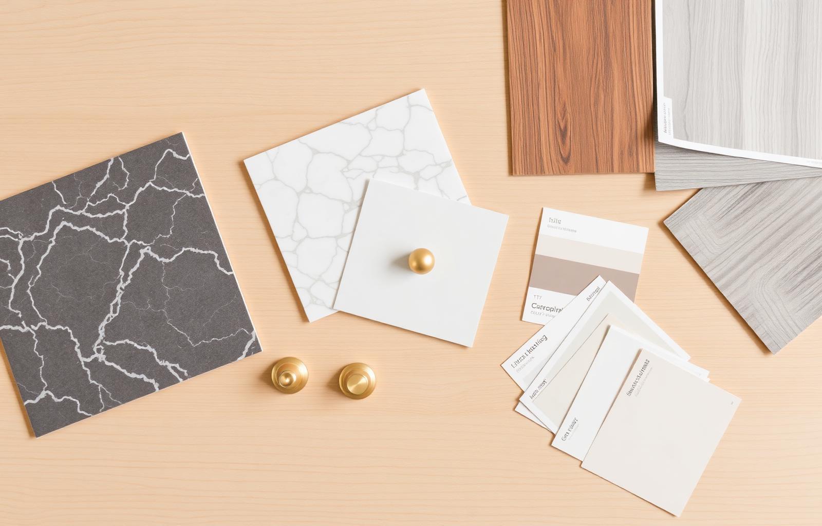 Flat lay of tile chips, brass cabinet pulls, wood flooring swatches, and paint cards for a home renovation