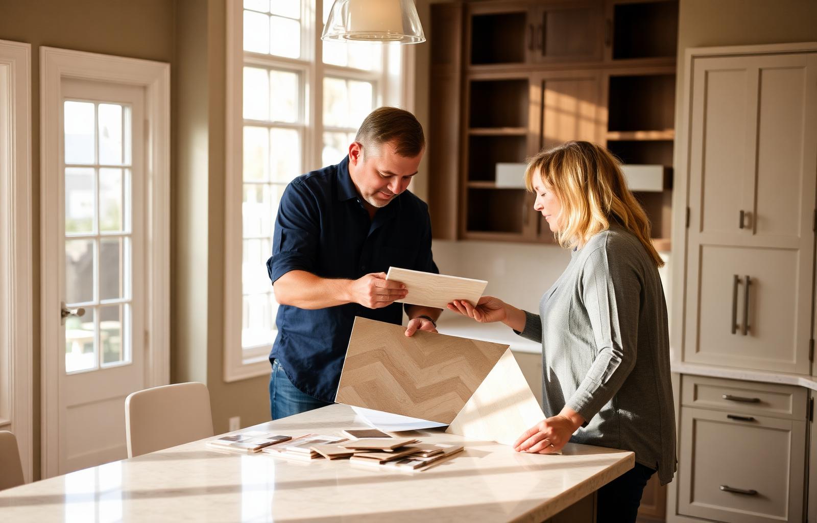 Homeowner reviewing tile and finish samples with an independent consultant in a kitchen