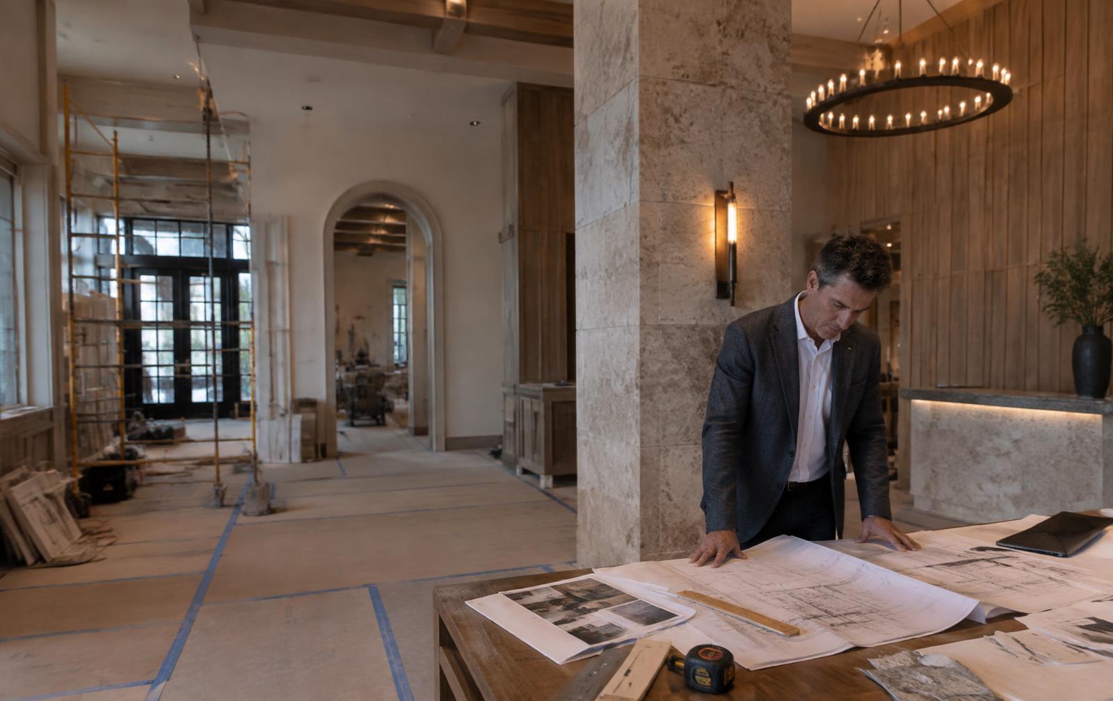 Boutique hotel lobby mid-renovation with protective floor covering and a consultant reviewing drawings