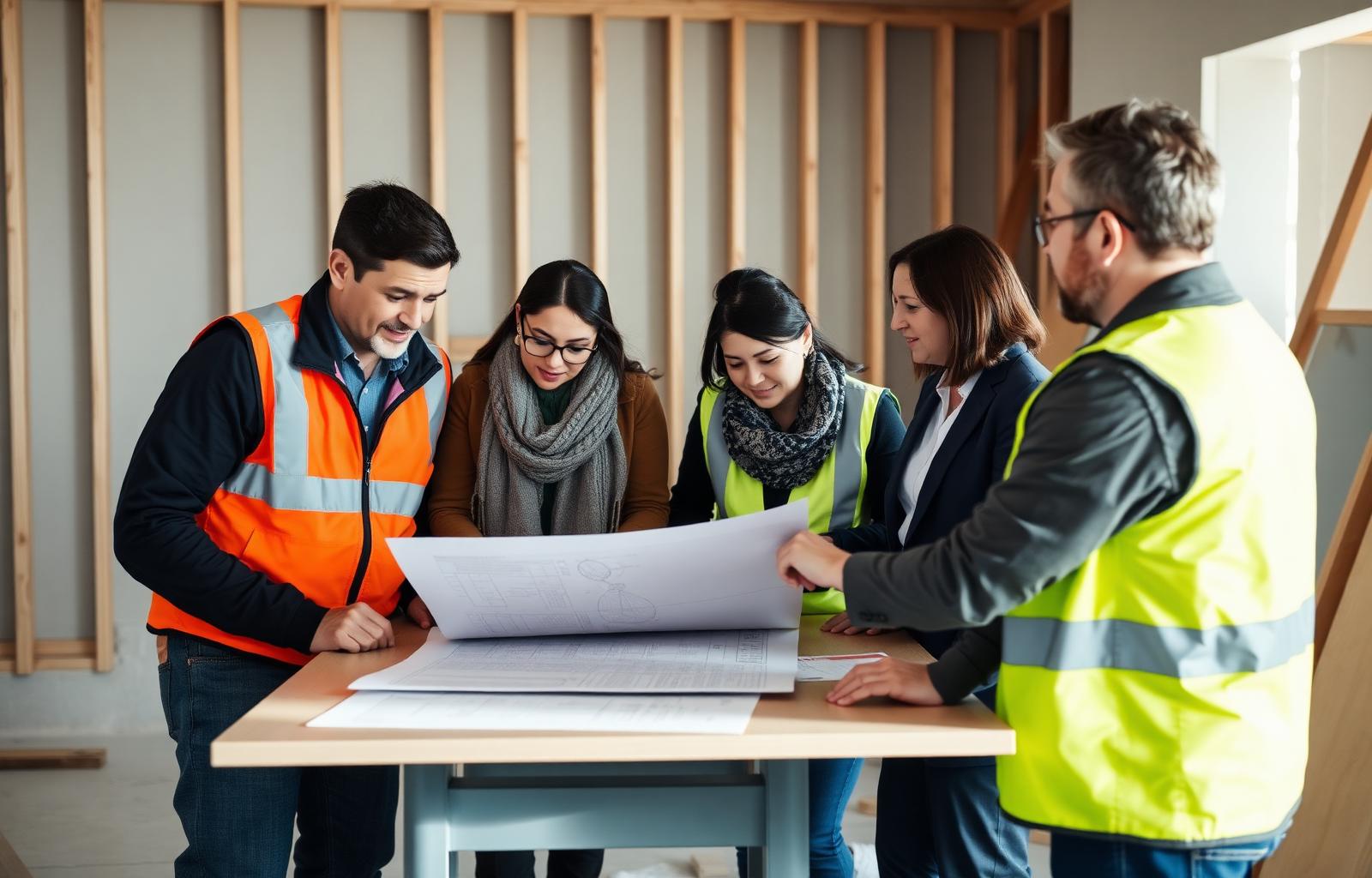 A construction project team reviewing plans together at a jobsite meeting