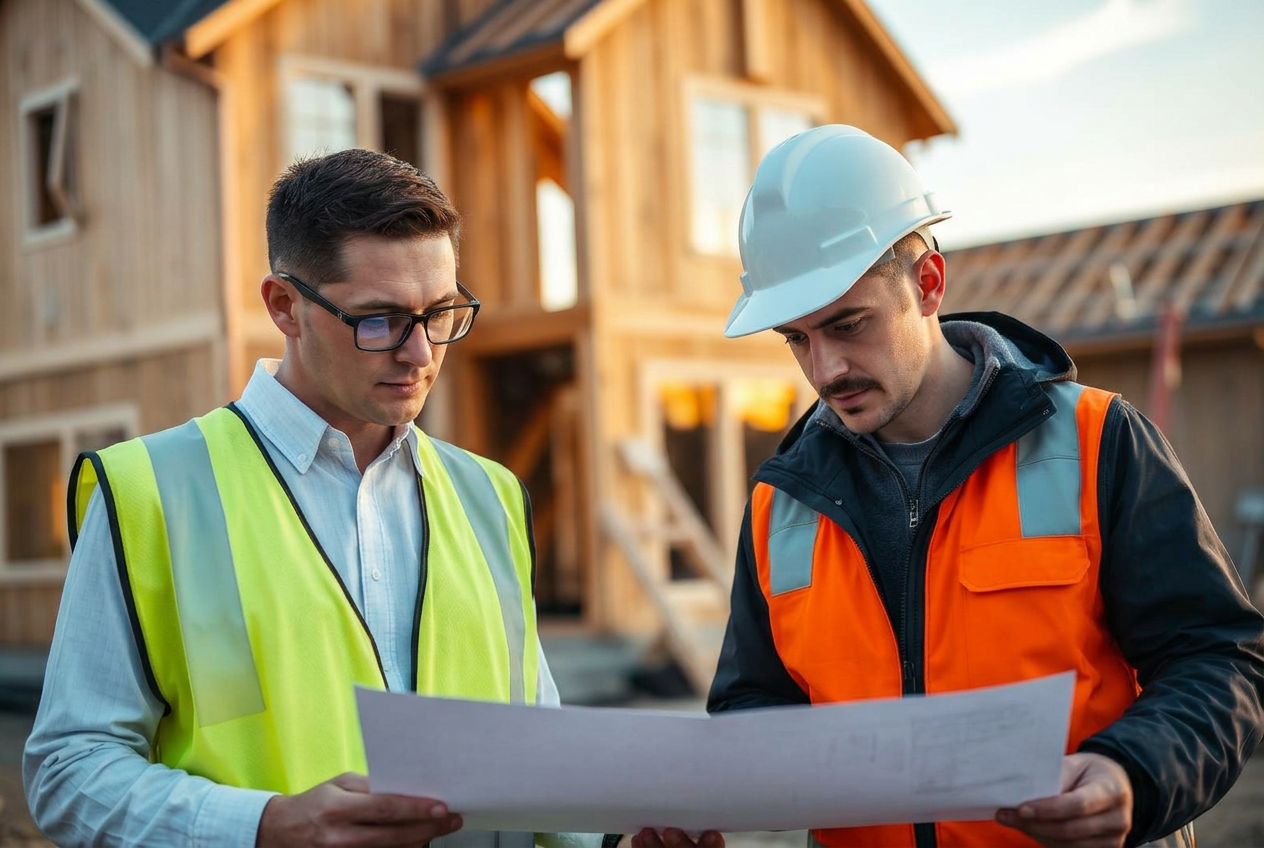 An owner's representative reviewing plans on site with a project stakeholder