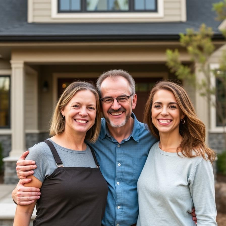 Happy couple smiling in front of their newly built custom home