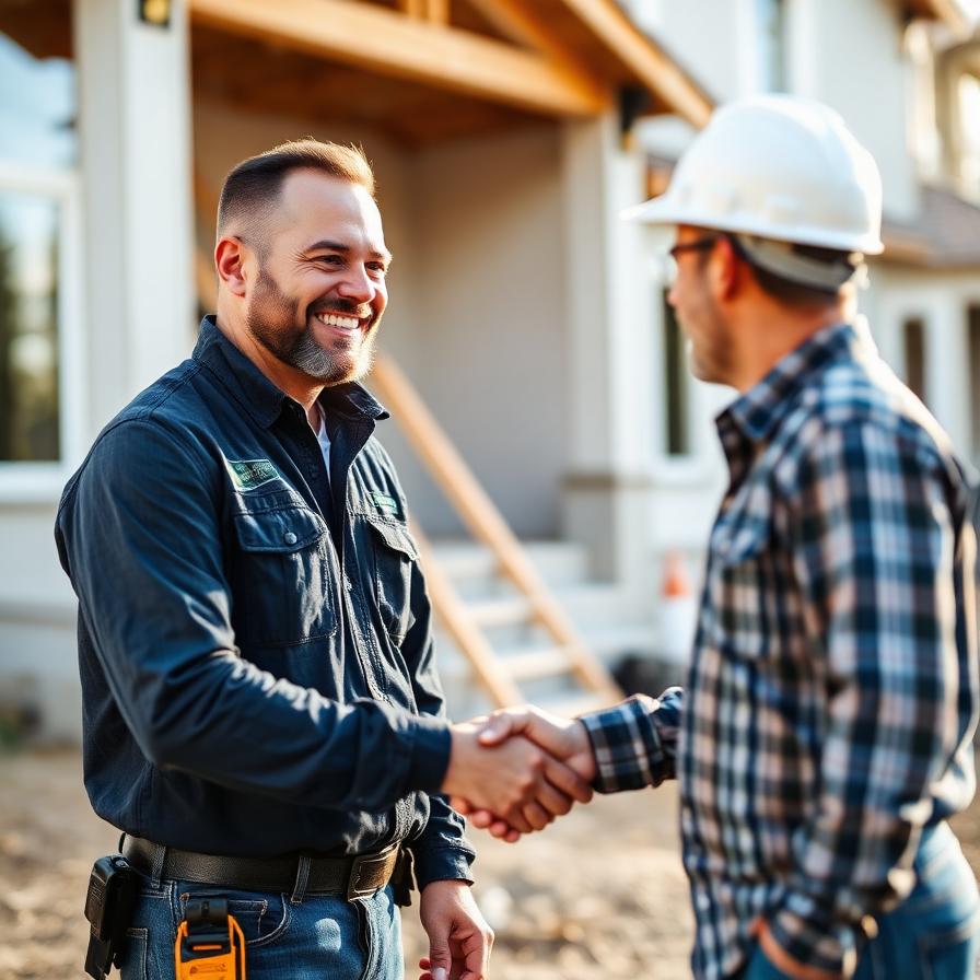 Contractor shaking hands with a satisfied client on a residential jobsite