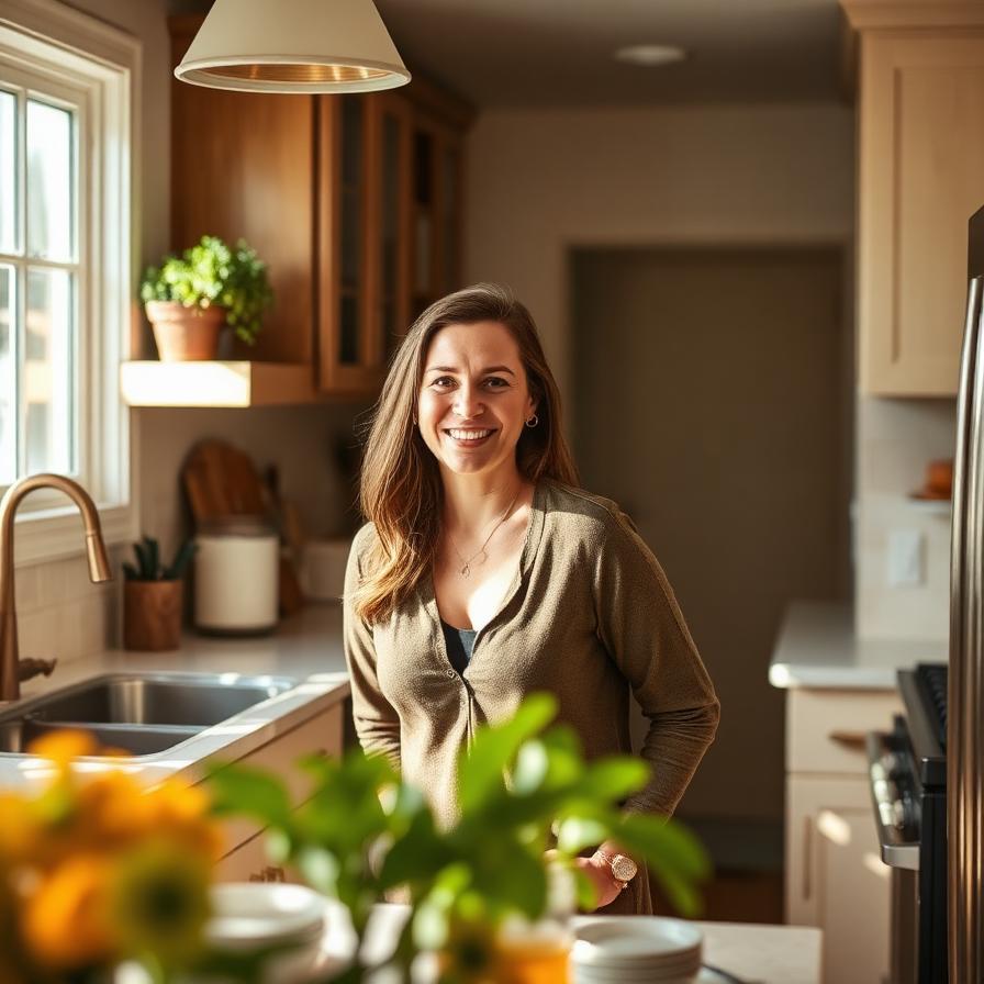 Homeowner smiling in her finished remodeled kitchen